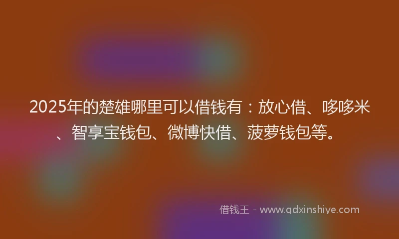 2025年的楚雄哪里可以借钱有：放心借、哆哆米、智享宝钱包、微博快借、菠萝钱包等。