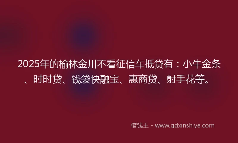 2025年的榆林金川不看征信车抵贷有：小牛金条、时时贷、钱袋快融宝、惠商贷、射手花等。