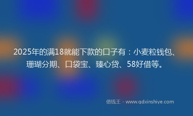 2025年的满18就能下款的口子有：小麦粒钱包、珊瑚分期、口袋宝、臻心贷、58好借等。