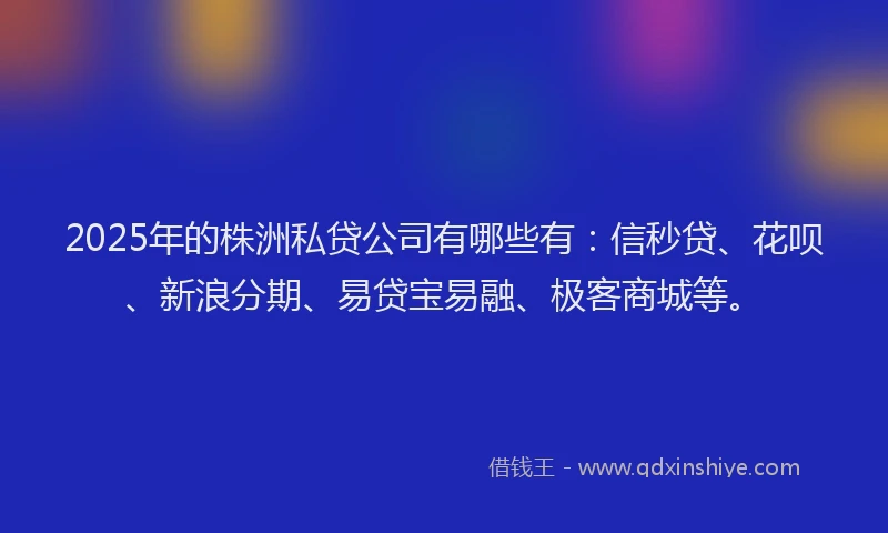 2025年的株洲私贷公司有哪些有：信秒贷、花呗、新浪分期、易贷宝易融、极客商城等。