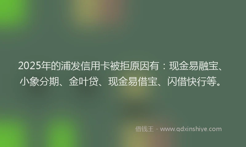 2025年的浦发信用卡被拒原因有：现金易融宝、小象分期、金叶贷、现金易借宝、闪借快行等。