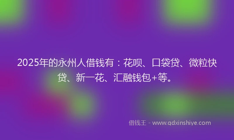 2025年的永州人借钱有：花呗、口袋贷、微粒快贷、新一花、汇融钱包+等。
