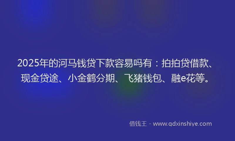 2025年的河马钱贷下款容易吗有：拍拍贷借款、现金贷途、小金鹤分期、飞猪钱包、融e花等。