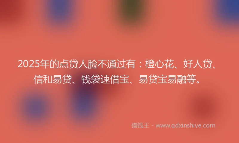 2025年的点贷人脸不通过有：橙心花、好人贷、信和易贷、钱袋速借宝、易贷宝易融等。