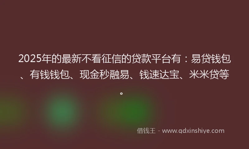 2025年的最新不看征信的贷款平台有：易贷钱包、有钱钱包、现金秒融易、钱速达宝、米米贷等。