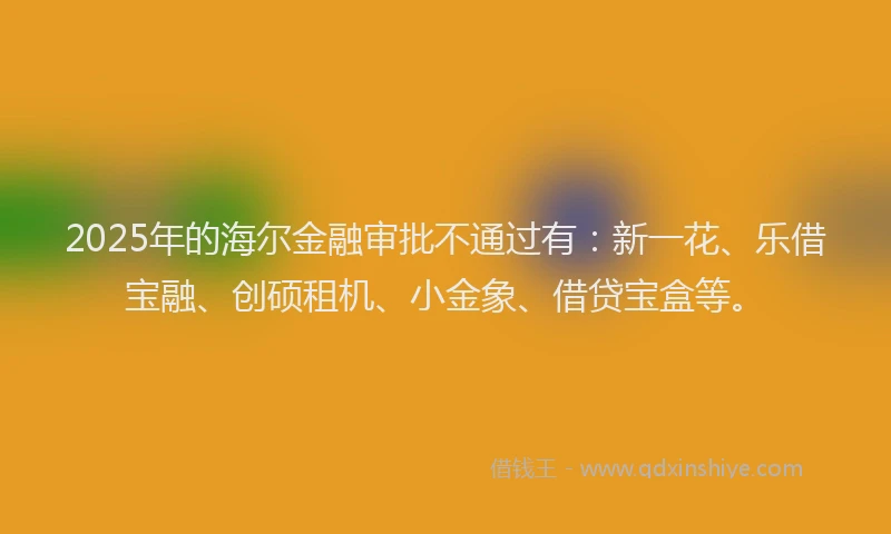 2025年的海尔金融审批不通过有：新一花、乐借宝融、创硕租机、小金象、借贷宝盒等。