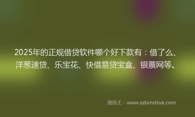 2025年的正规借贷软件哪个好下款有：借了么、洋葱速贷、乐宝花、快借易贷宝盒、银票网等。
