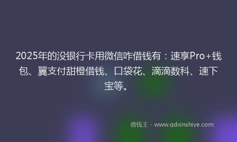2025年的没银行卡用微信咋借钱有：速享Pro+钱包、翼支付甜橙借钱、口袋花、滴滴数科、速下宝等。