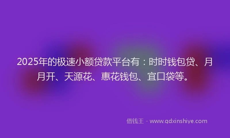 2025年的极速小额贷款平台有：时时钱包贷、月月开、天源花、惠花钱包、宜口袋等。