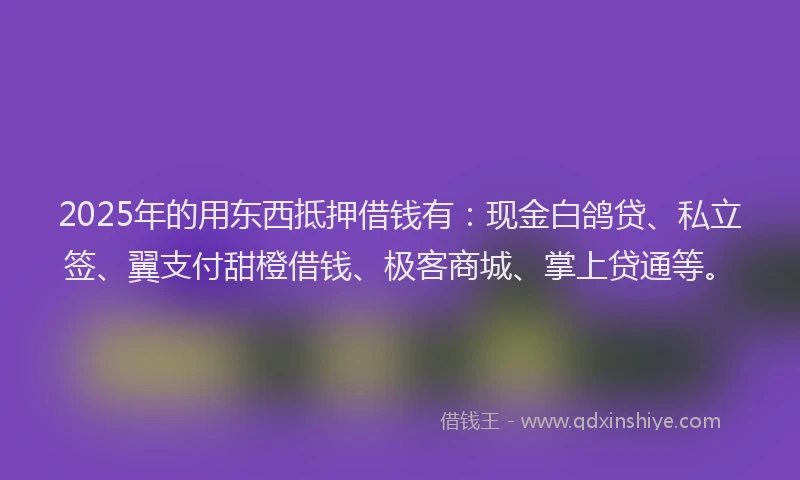 2025年的用东西抵押借钱有：现金白鸽贷、私立签、翼支付甜橙借钱、极客商城、掌上贷通等。