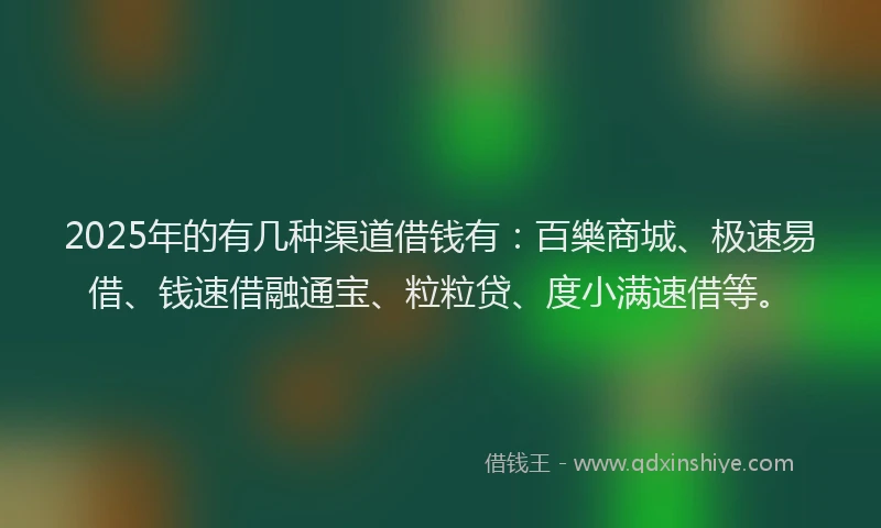 2025年的有几种渠道借钱有：百樂商城、极速易借、钱速借融通宝、粒粒贷、度小满速借等。