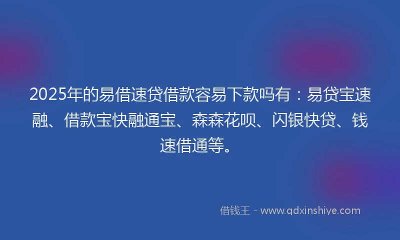 2025年的易借速贷借款容易下款吗有：易贷宝速融、借款宝快融通宝、森森花呗、闪银快贷、钱速借通等。