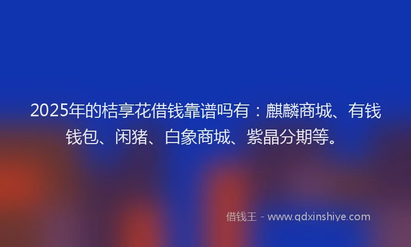 2025年的桔享花借钱靠谱吗有：麒麟商城、有钱钱包、闲猪、白象商城、紫晶分期等。