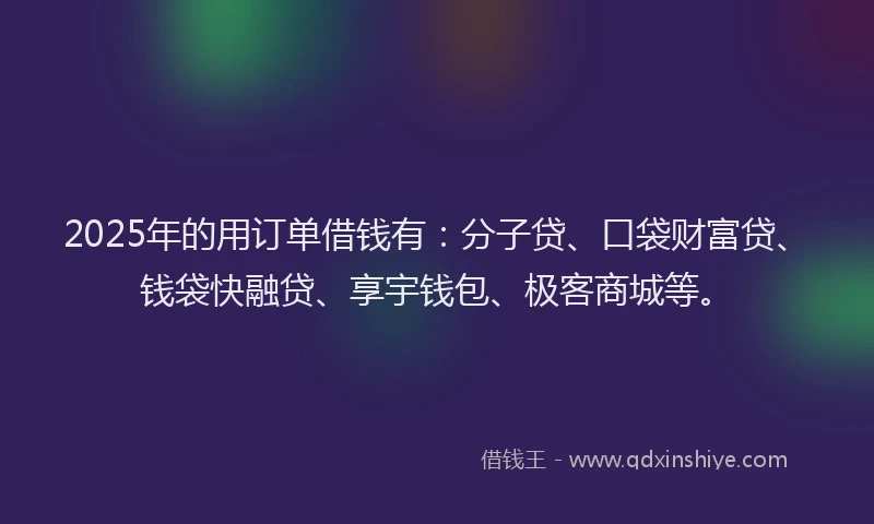 2025年的用订单借钱有：分子贷、口袋财富贷、钱袋快融贷、享宇钱包、极客商城等。