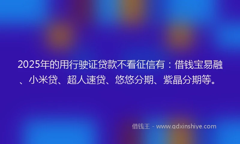 2025年的用行驶证贷款不看征信有：借钱宝易融、小米贷、超人速贷、悠悠分期、紫晶分期等。