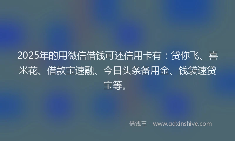 2025年的用微信借钱可还信用卡有：贷你飞、喜米花、借款宝速融、今日头条备用金、钱袋速贷宝等。