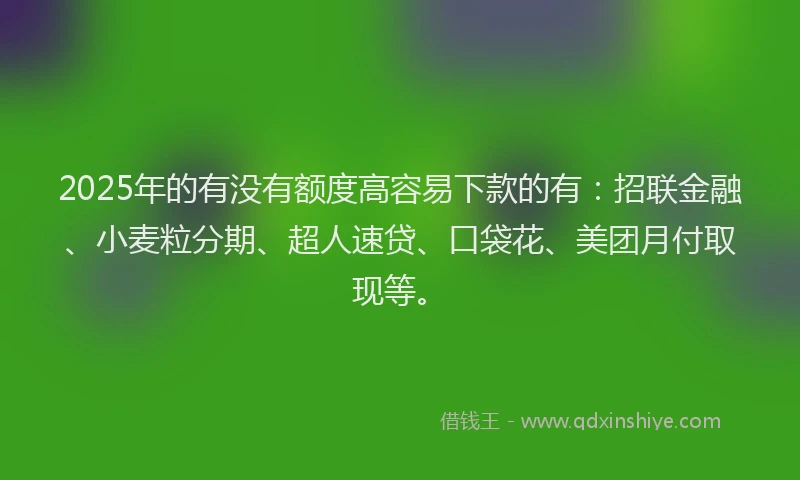 2025年的有没有额度高容易下款的有：招联金融、小麦粒分期、超人速贷、口袋花、美团月付取现等。