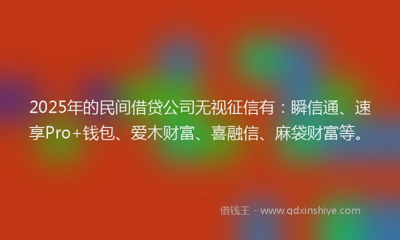 2025年的民间借贷公司无视征信有：瞬信通、速享Pro+钱包、爱木财富、喜融信、麻袋财富等。