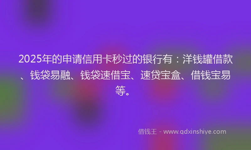 2025年的申请信用卡秒过的银行有：洋钱罐借款、钱袋易融、钱袋速借宝、速贷宝盒、借钱宝易等。
