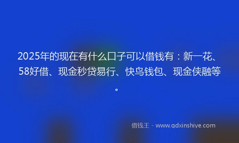 2025年的现在有什么口子可以借钱有：新一花、58好借、现金秒贷易行、快鸟钱包、现金侠融等。