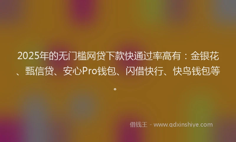 2025年的无门槛网贷下款快通过率高有：金银花、甄信贷、安心Pro钱包、闪借快行、快鸟钱包等。