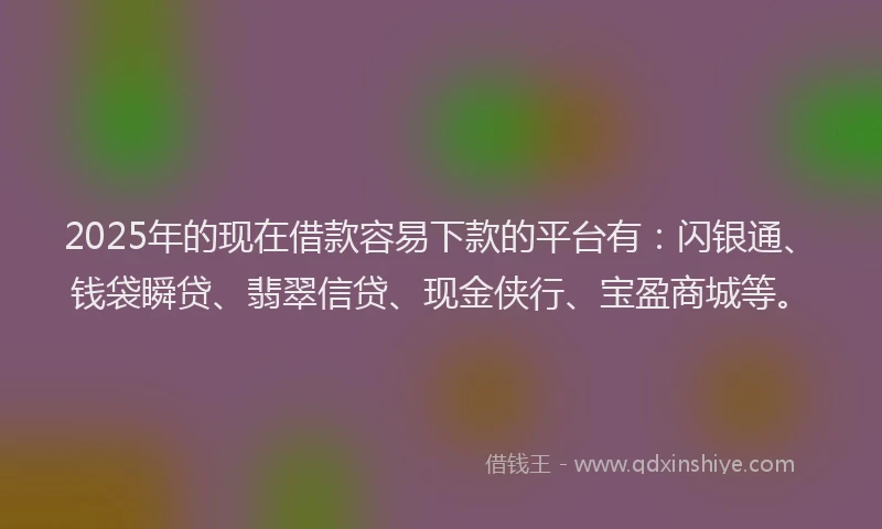 2025年的现在借款容易下款的平台有：闪银通、钱袋瞬贷、翡翠信贷、现金侠行、宝盈商城等。