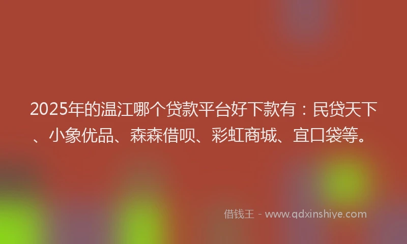 2025年的温江哪个贷款平台好下款有：民贷天下、小象优品、森森借呗、彩虹商城、宜口袋等。