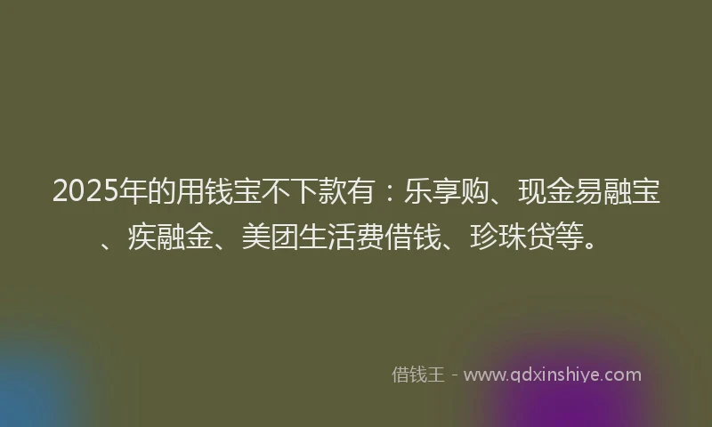 2025年的用钱宝不下款有：乐享购、现金易融宝、疾融金、美团生活费借钱、珍珠贷等。