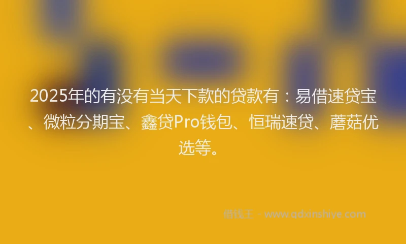 2025年的有没有当天下款的贷款有：易借速贷宝、微粒分期宝、鑫贷Pro钱包、恒瑞速贷、蘑菇优选等。