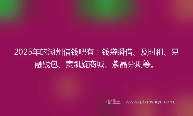 2025年的湖州借钱吧有：钱袋瞬借、及时租、易融钱包、麦凯旋商城、紫晶分期等。