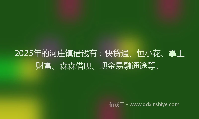 2025年的河庄镇借钱有：快贷通、恒小花、掌上财富、森森借呗、现金易融通途等。