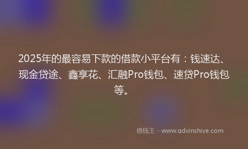 2025年的最容易下款的借款小平台有：钱速达、现金贷途、鑫享花、汇融Pro钱包、速贷Pro钱包等。
