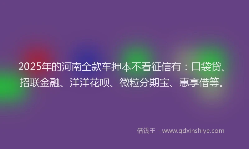 2025年的河南全款车押本不看征信有：口袋贷、招联金融、洋洋花呗、微粒分期宝、惠享借等。
