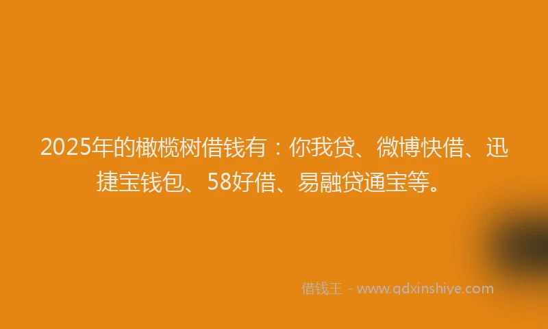 2025年的橄榄树借钱有：你我贷、微博快借、迅捷宝钱包、58好借、易融贷通宝等。