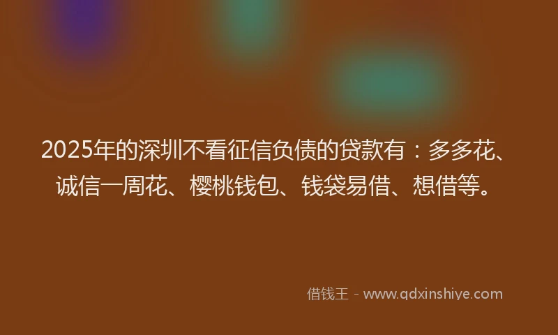 2025年的深圳不看征信负债的贷款有：多多花、诚信一周花、樱桃钱包、钱袋易借、想借等。