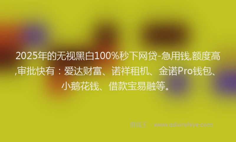 2025年的无视黑白100%秒下网贷-急用钱,额度高,审批快有：爱达财富、诺祥租机、金诺Pro钱包、小鹅花钱、借款宝易融等。
