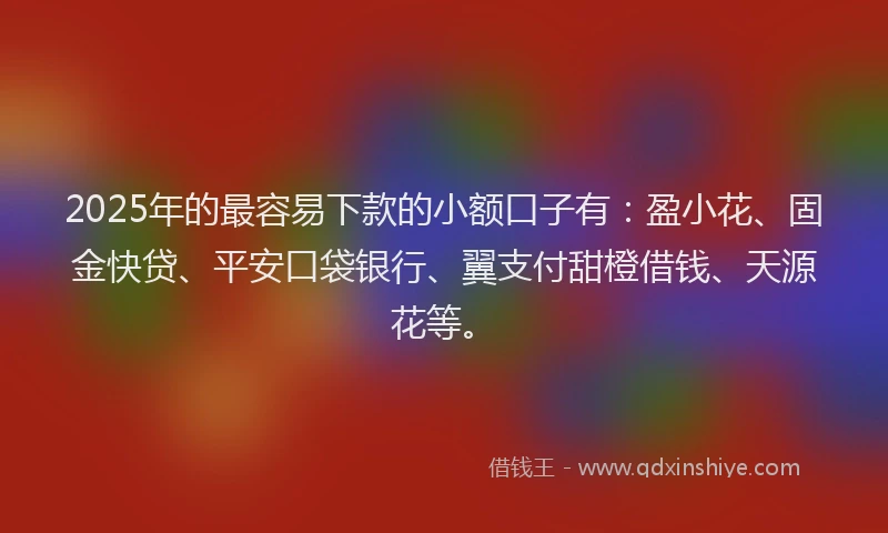 2025年的最容易下款的小额口子有：盈小花、固金快贷、平安口袋银行、翼支付甜橙借钱、天源花等。