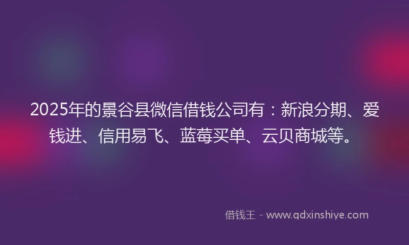 2025年的景谷县微信借钱公司有：新浪分期、爱钱进、信用易飞、蓝莓买单、云贝商城等。