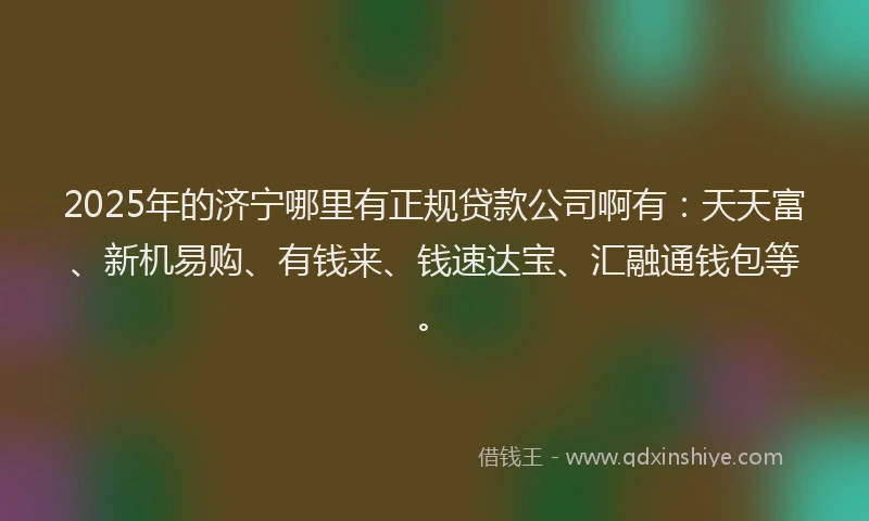 2025年的济宁哪里有正规贷款公司啊有：天天富、新机易购、有钱来、钱速达宝、汇融通钱包等。