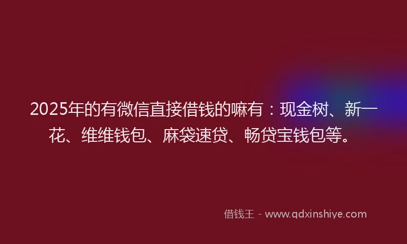 2025年的有微信直接借钱的嘛有：现金树、新一花、维维钱包、麻袋速贷、畅贷宝钱包等。