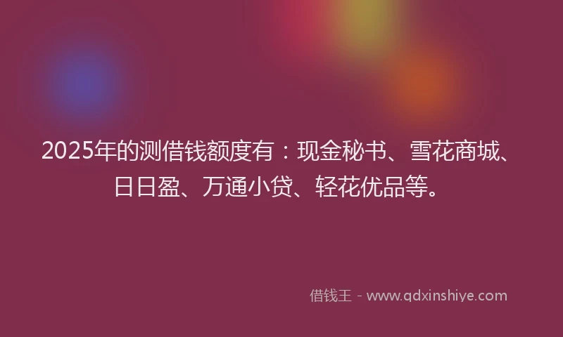 2025年的测借钱额度有：现金秘书、雪花商城、日日盈、万通小贷、轻花优品等。