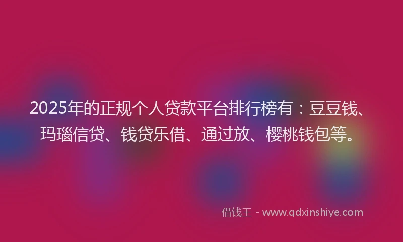 2025年的正规个人贷款平台排行榜有：豆豆钱、玛瑙信贷、钱贷乐借、通过放、樱桃钱包等。