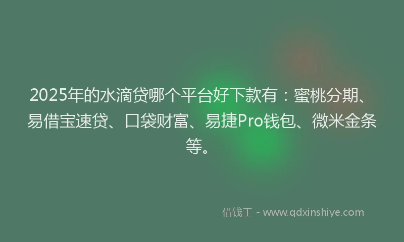 2025年的水滴贷哪个平台好下款有：蜜桃分期、易借宝速贷、口袋财富、易捷Pro钱包、微米金条等。
