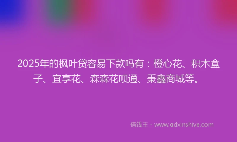 2025年的枫叶贷容易下款吗有：橙心花、积木盒子、宜享花、森森花呗通、秉鑫商城等。