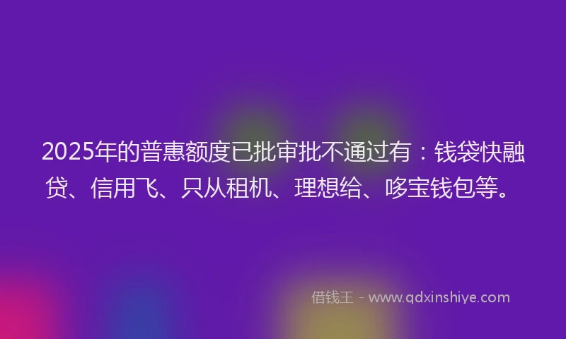 2025年的普惠额度已批审批不通过有：钱袋快融贷、信用飞、只从租机、理想给、哆宝钱包等。