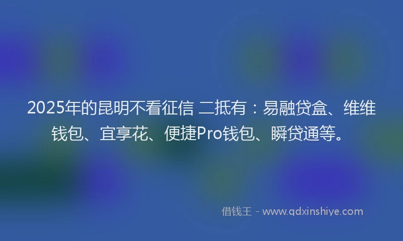2025年的昆明不看征信 二抵有：易融贷盒、维维钱包、宜享花、便捷Pro钱包、瞬贷通等。