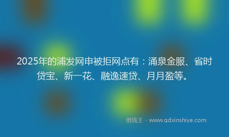 2025年的浦发网申被拒网点有：涌泉金服、省时贷宝、新一花、融逸速贷、月月盈等。