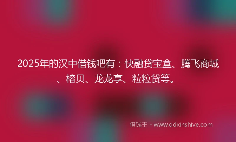 2025年的汉中借钱吧有：快融贷宝盒、腾飞商城、榕贝、龙龙享、粒粒贷等。