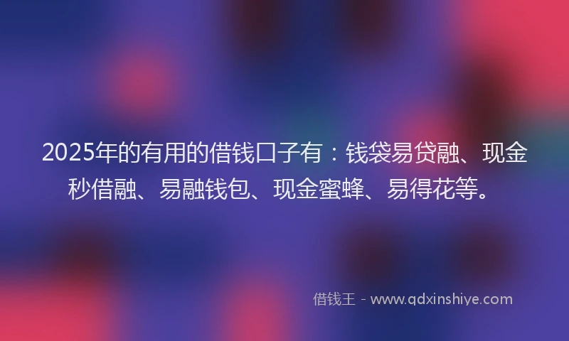 2025年的有用的借钱口子有：钱袋易贷融、现金秒借融、易融钱包、现金蜜蜂、易得花等。
