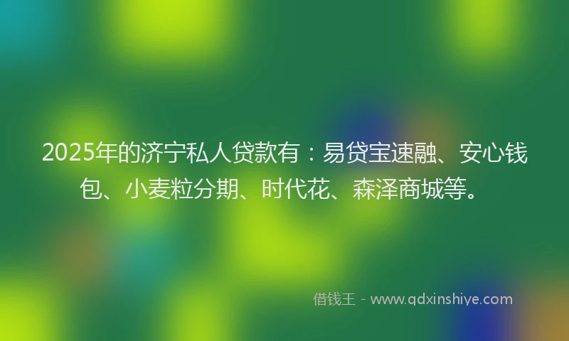 2025年的济宁私人贷款有：易贷宝速融、安心钱包、小麦粒分期、时代花、森泽商城等。